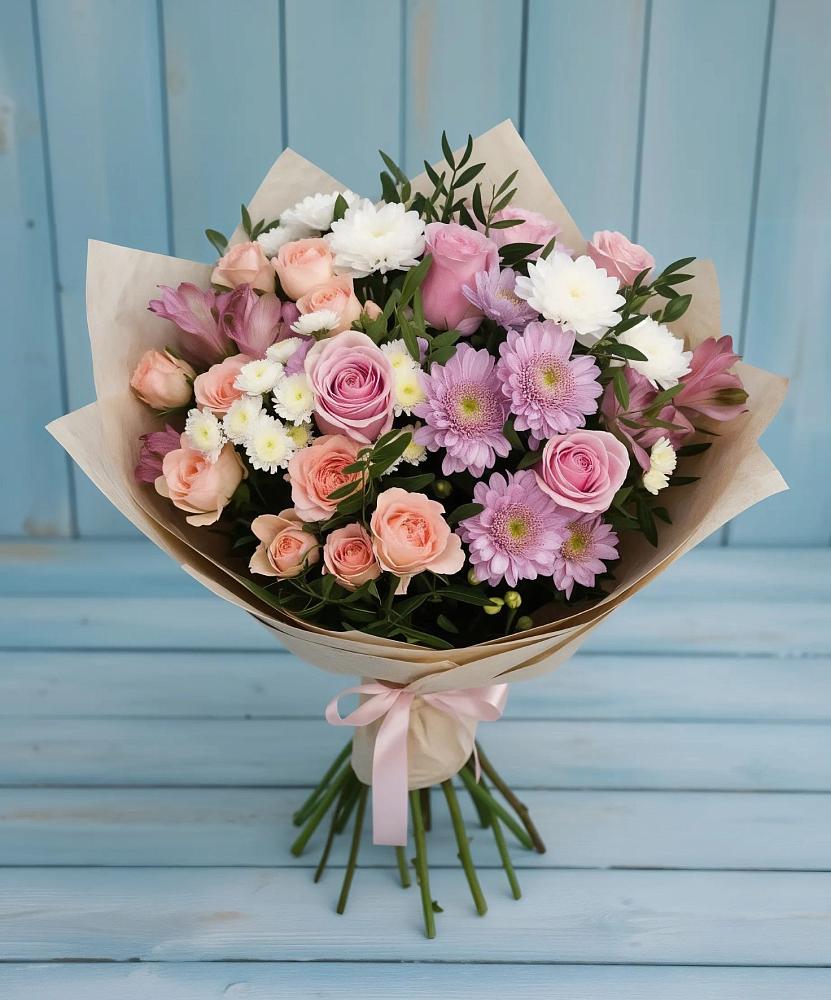 Букет цветов из: Хризантемы, Розы и Альстромерии в Дракино