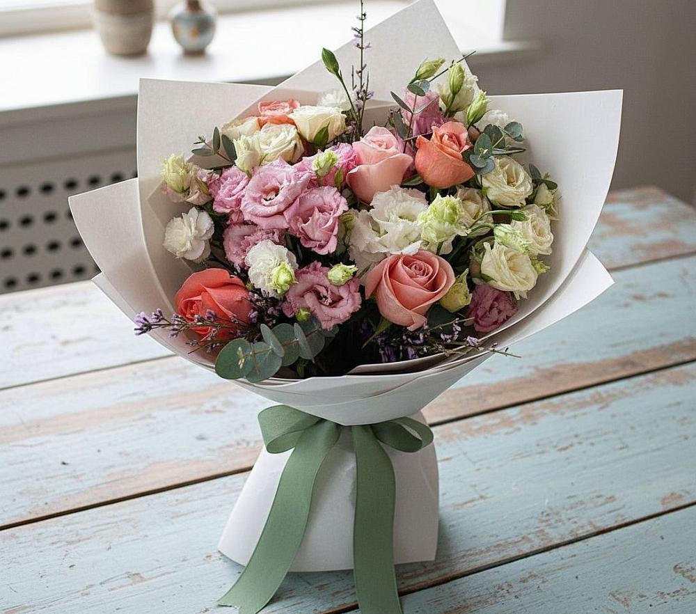 Букет цветов из: Розы, Лизиантусы и Гвоздики в Дракино