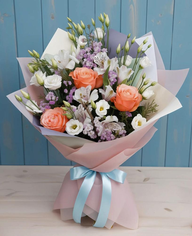 Букет цветов из: Лизиантусы, Розы, Альстромерии и Гипсофила в Дракино