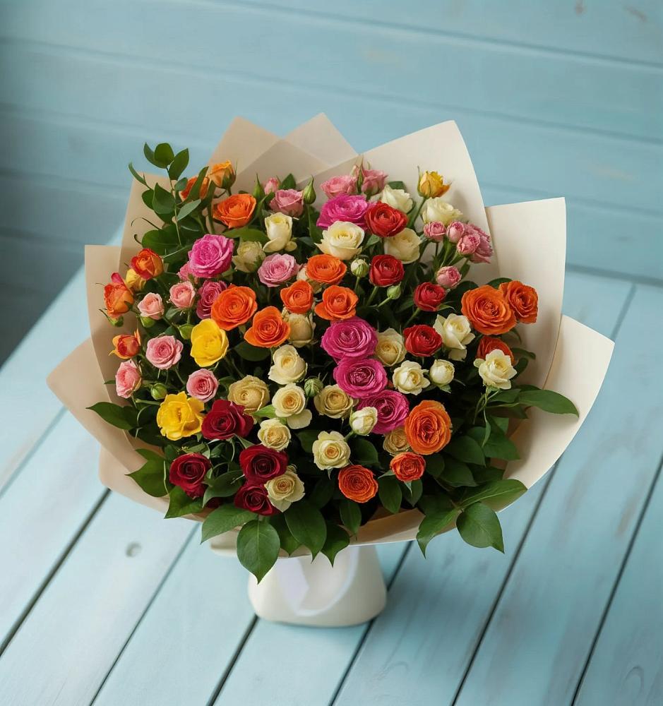 Букет Микс из разноцветных кустовых роз в Дракино