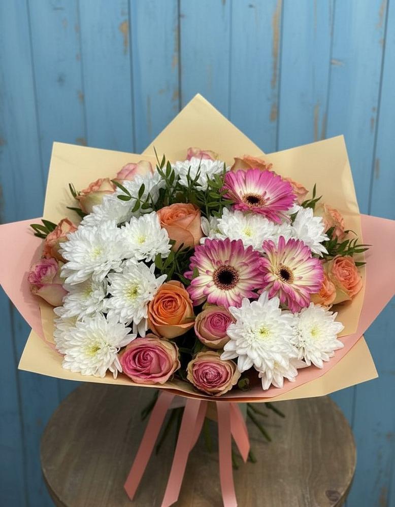 Букет цветов из: Розы, Герберы и Хризантемы в Дракино
