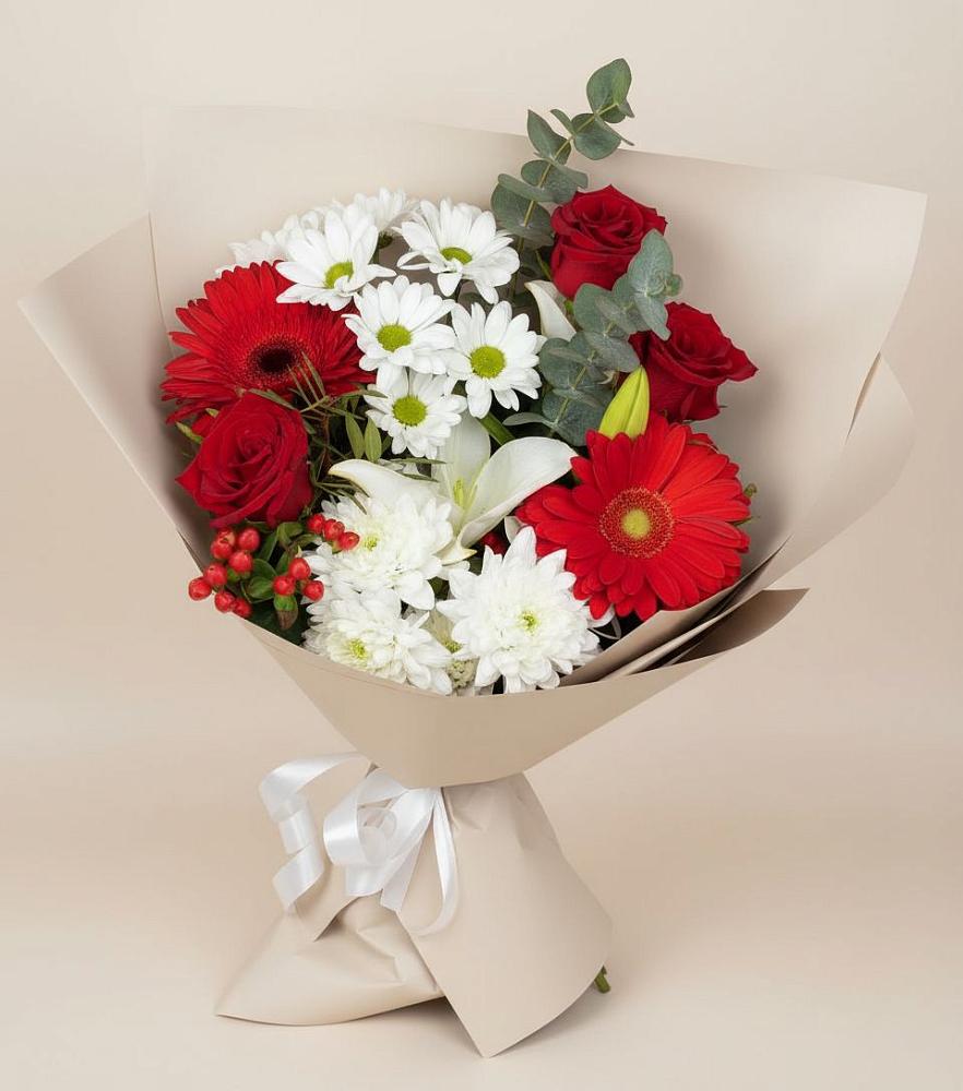 Букет цветов из: Розы, Хризантемы, Герберы и Лилии в Дракино