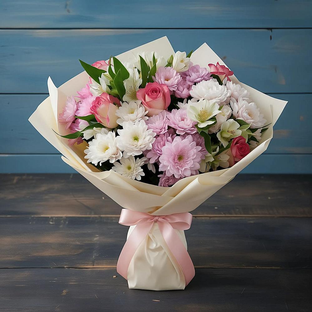 Букет цветов из: Хризантемы, Альстромерии и Розы в Дракино